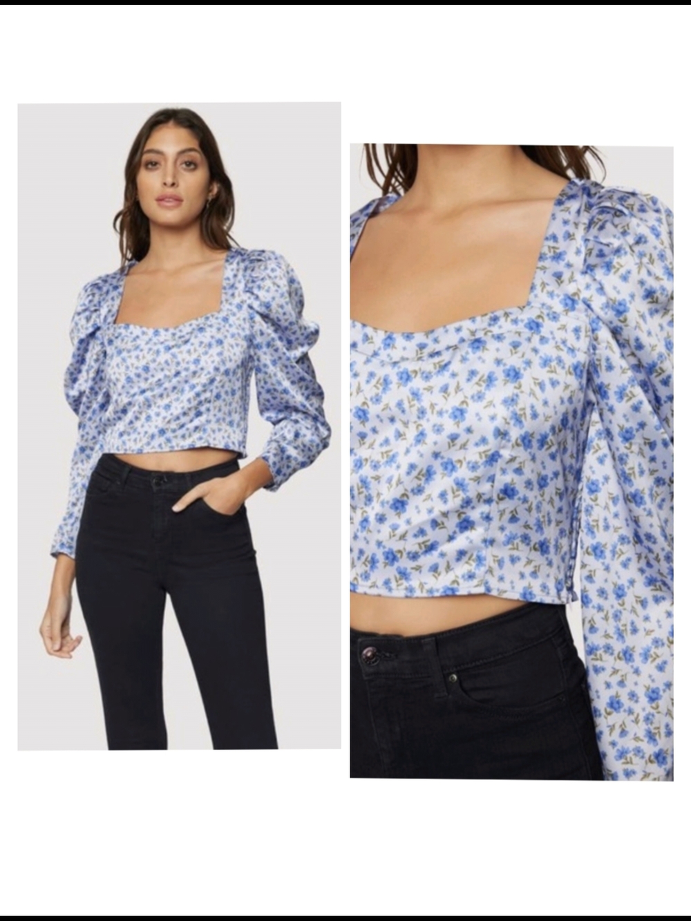 Lost + Wander Blue Floral Square-Neck Puff-Sleeve Crop Blouse